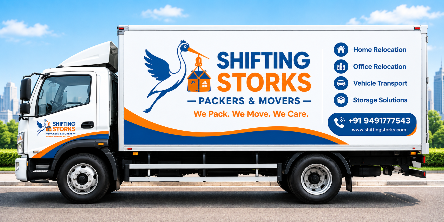 Shifting Storks branded moving vehicle